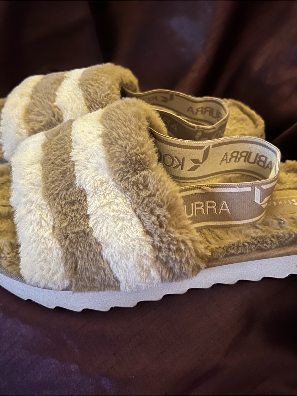 Koolaburra Striped Faux Fur Slide Sandals in Beige and Cream